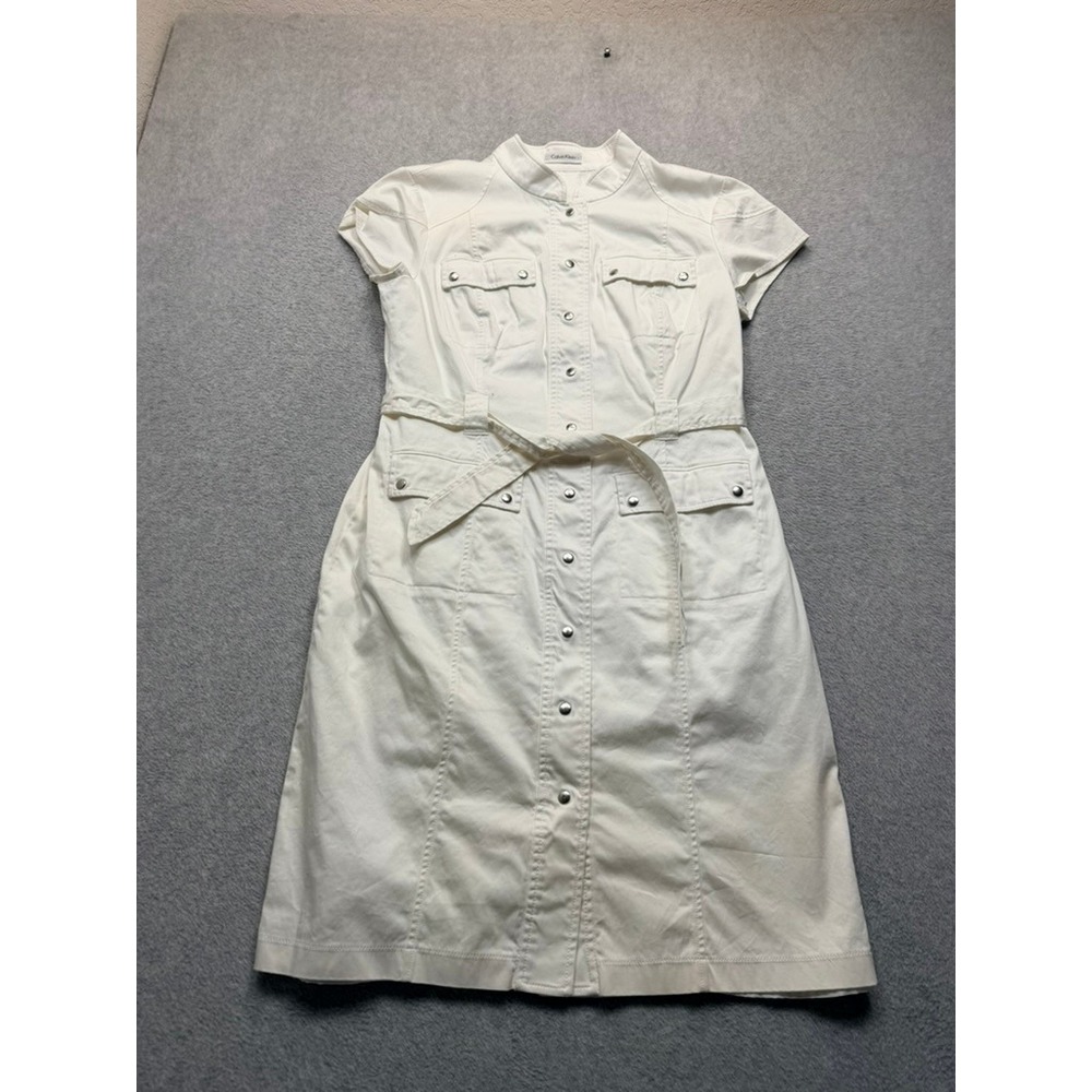 Calvin Klein Womens Cream Utility Snap Front Belted Midi Shirt Dress Size 10